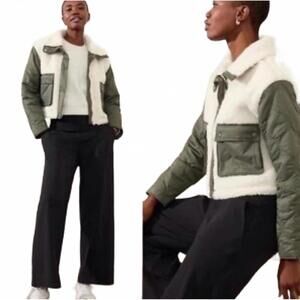 Athleta Women's Fleece Hybrid Jacket Pelican/Moss Cozy Soft Commute Casual Small